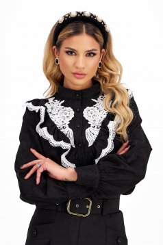 Ladies' Black Cotton Blouse with Loose Fit and Lace Appliqués on Ruffles - SunShine