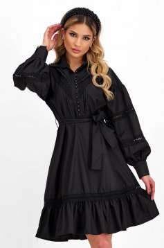 Black short dress made of thin fabric with a loose fit accessorized with a cord - SunShine