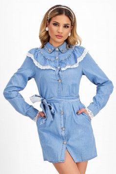 Blue Short Denim Shirt Dress with Side Pockets and Decorative Buttons - SunShine
