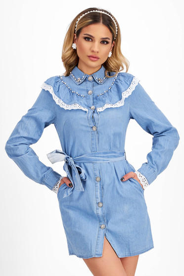 Dresses with rhinestones, Blue Short Denim Shirt Dress with Side Pockets and Decorative Buttons - SunShine - StarShinerS.com