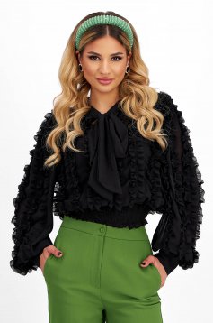 Ladies' black chiffon blouse with loose fit and waist elastic with puffy sleeves - SunShine