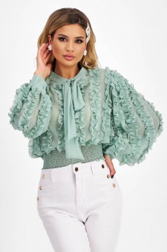 Ladies' blouse in light green voile with a loose fit and waist elastic with puffy sleeves - SunShine