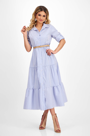 Shirt Dress in Thin Blue Material, Midi A-line with Belt-Type Accessory - SunShine
