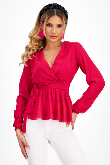 Bluze Elegante,  marimea XS, Bluza dama din voal roz cu elastic si peplum in talie  - StarShinerS - StarShinerS.ro