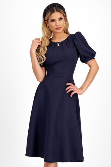 Online Dresses, Navy blue midi skater dress made of stretch fabric with puffy sleeves accessorized with a brooch - StarShinerS - StarShinerS.com