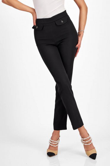 Skinny trousers, Black elastic fabric tapered trousers with high waist and faux front pockets - StarShinerS - StarShinerS.com