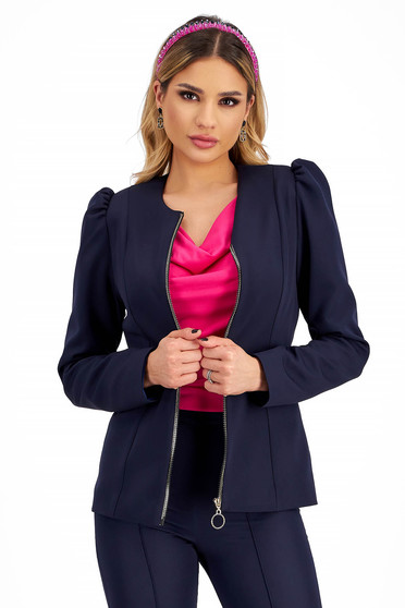 Navy Blue Elastic Fabric Fitted Jacket with Puffy Shoulders and Decorative Metal Zipper - StarShinerS