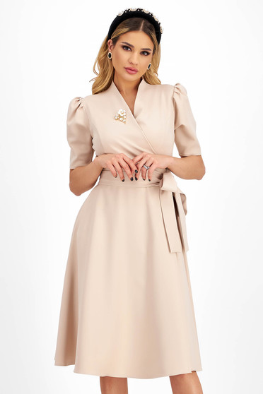 Online Dresses, - StarShinerS beige dress elastic cloth midi cloche lateral pockets accessorized with breastpin - StarShinerS.com