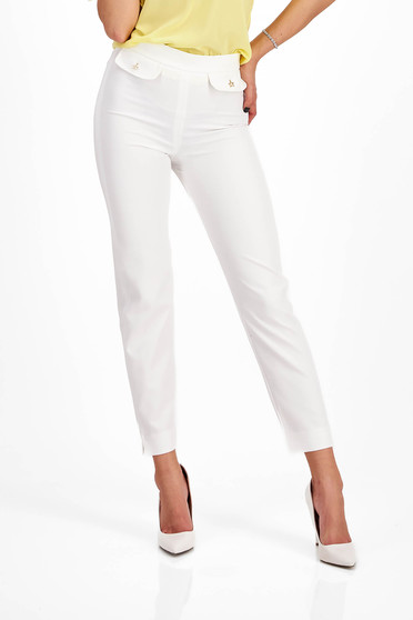 Office trousers, Ivory Elastic Fabric Tapered High-Waisted Pants with Fake Front Pockets - StarShinerS - StarShinerS.com