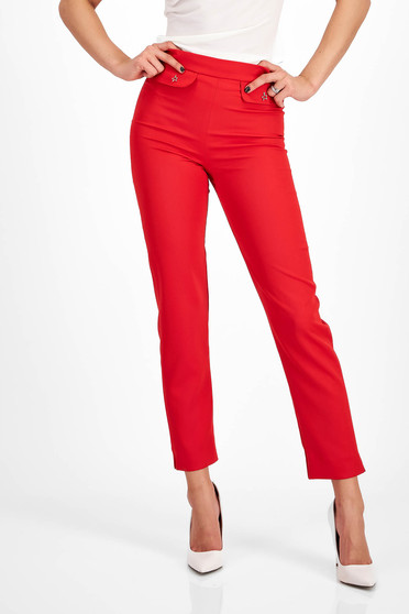 Trousers, Red Elastic Fabric Tapered High-Waisted Pants with False Front Pockets - StarShinerS - StarShinerS.com