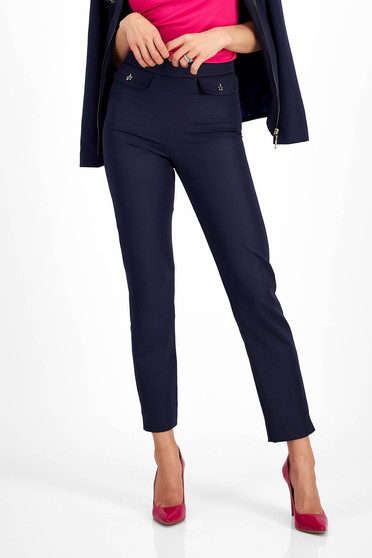 Office trousers, Navy blue stretch fabric tapered trousers with high waist and faux front pockets - StarShinerS - StarShinerS.com
