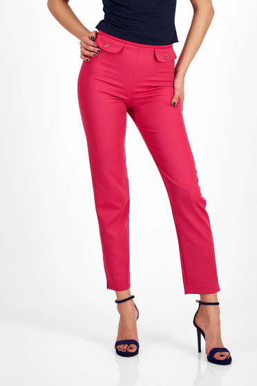 Trousers, Fuchsia stretch fabric tapered trousers with high waist and fake front pockets - StarShinerS - StarShinerS.com