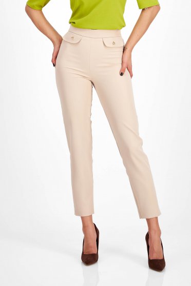 Trousers, Beige Stretch Fabric Tapered High-Waisted Trousers with Fake Front Pockets - StarShinerS - StarShinerS.com