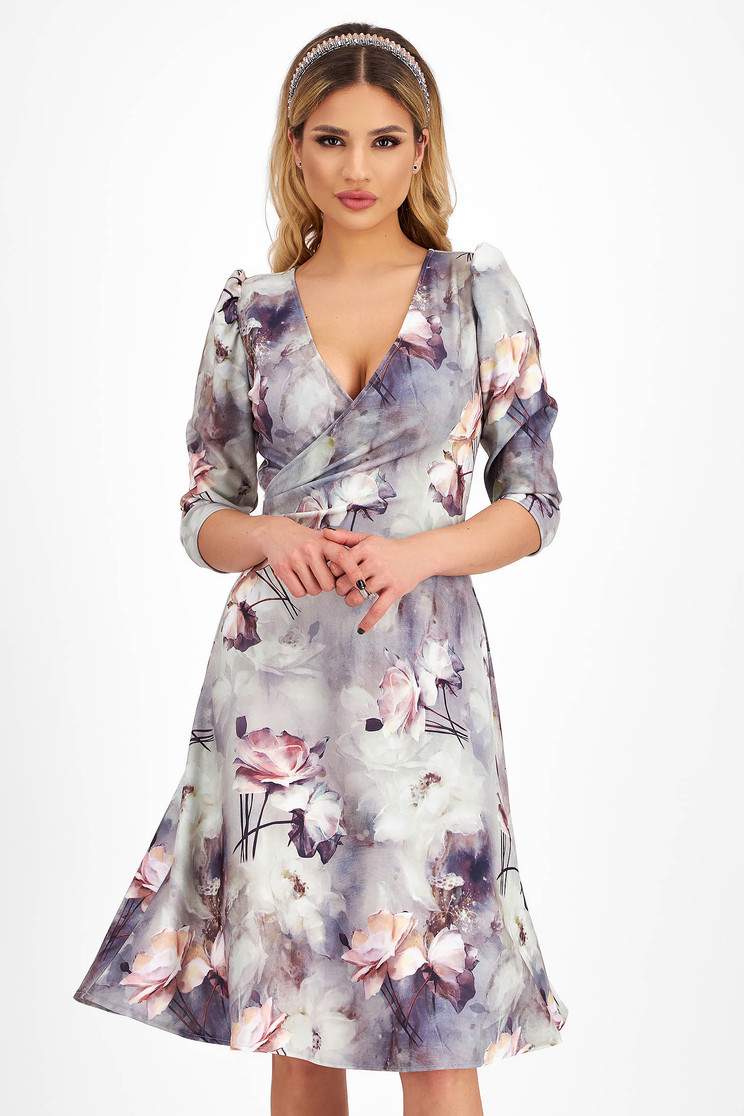 Rochie cu imprimeu floral din crep pana la genunchi in clos cu decolteu petrecut - StarShinerS