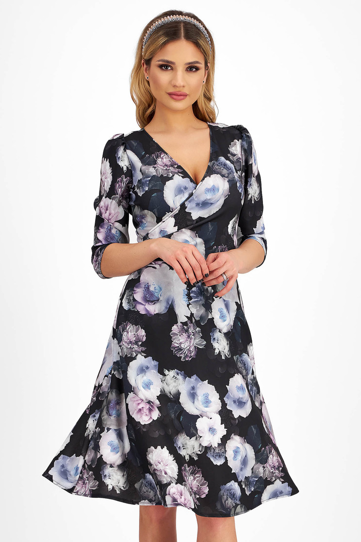 Rochie cu imprimeu floral din crep pana la genunchi in clos cu decolteu petrecut - StarShinerS