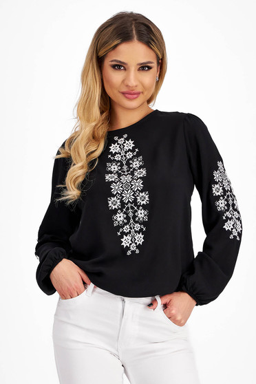 Black cotton blouse with a loose fit embroidered with traditional motifs - SunShine