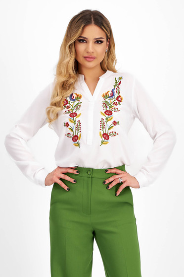 Ladies' white cotton blouse with loose fit embroidered with traditional motifs - SunShine