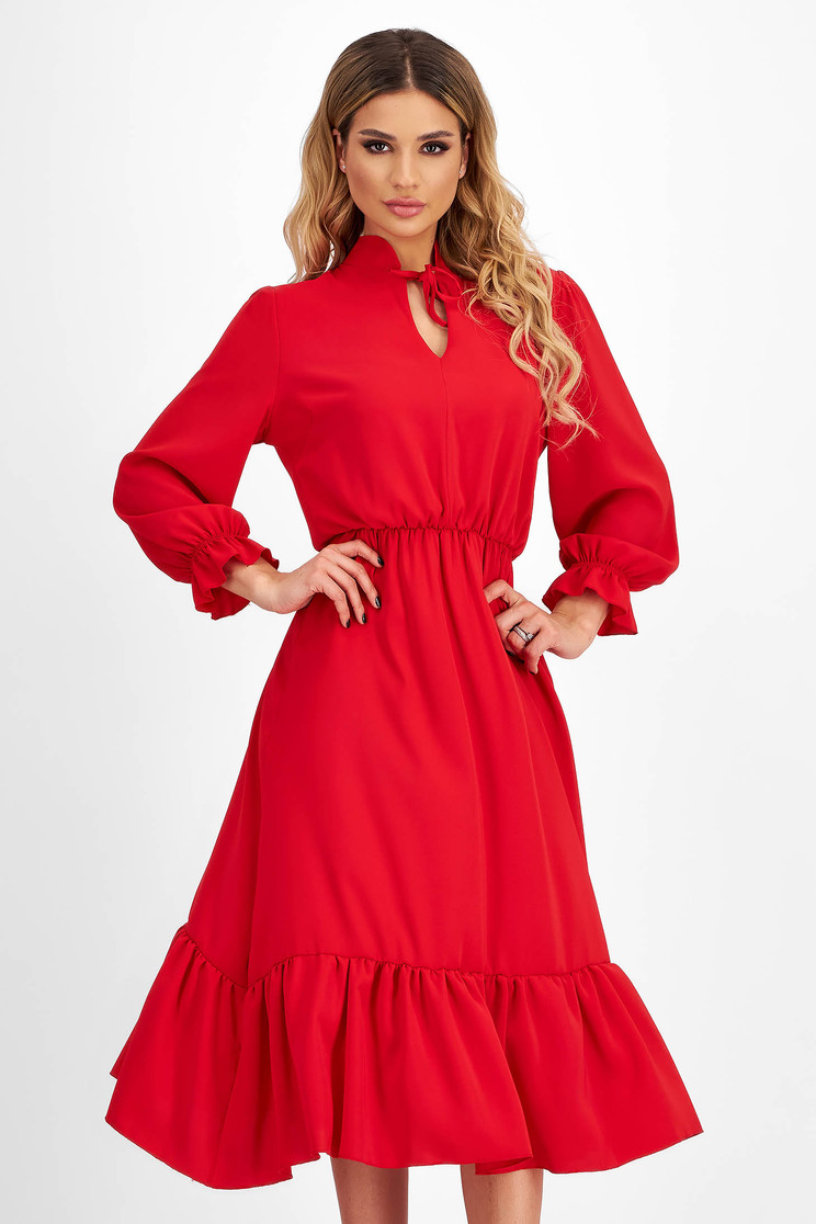 Rochie cu maneca lunga din georgette rosie midi in clos cu elastic in talie - StarShinerS