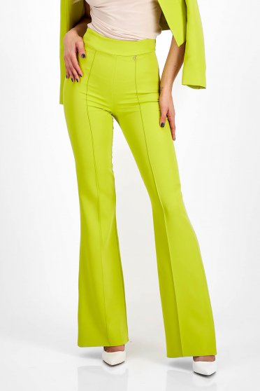 Pantaloni Dama  verzi, Pantaloni din stofa elastica verde lime evazati cu talie inalta - StarShinerS - StarShinerS.ro