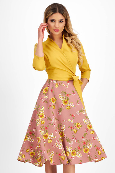 Online Dresses, Midi cloche dress with floral print elastic cloth wrap over front - StarShinerS - StarShinerS.com