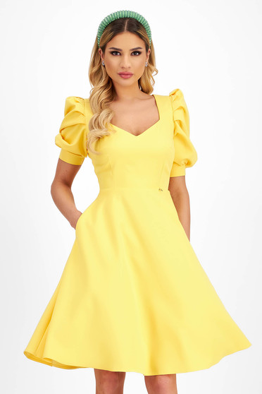 Elegant dresses, - StarShinerS yellow dress elastic cloth cloche lateral pockets with puffed sleeves knee-length - StarShinerS.com