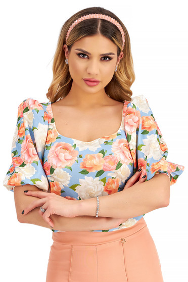 Sales Blouses, Ladies' fitted crepe blouse with puffed sleeves and digital floral print - StarShinerS - StarShinerS.com