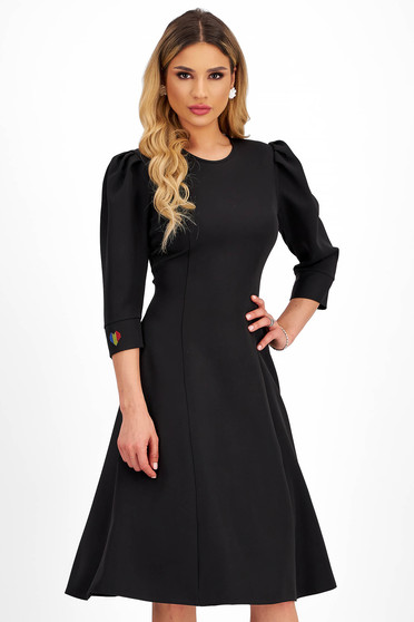 Online Dresses, Black elastic fabric midi skater dress with puffy shoulders and embroidered tricolor details - StarShinerS - StarShinerS.com