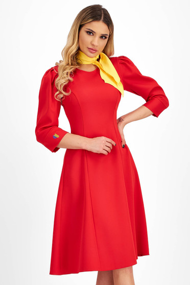 Embroidered Dresses, Red stretch fabric midi dress in a flared cut with puffy shoulders and tricolored embroidered details - StarShinerS - StarShinerS.com