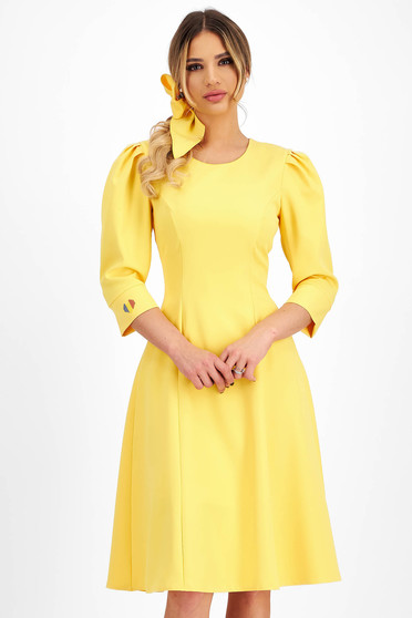 Embroidered Dresses, Yellow stretch fabric midi dress in skater style with puffy shoulders and embroidered tricolor details - StarShinerS - StarShinerS.com