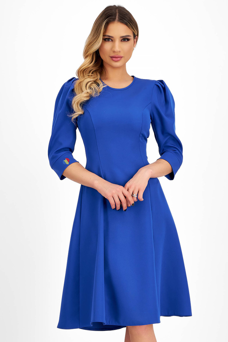 Rochie din stofa elastica albastra midi in clos cu umeri bufanti si detalii tricolore brodate - StarShinerS - Rochii-Dama.ro