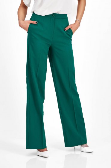 Pantaloni din bumbac verzi lungi evazati cu talie inalta si buzunare laterale - SunShine