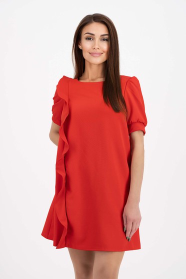 Red stretch fabric dress with A-line cut and decorative front ruffle - StarShinerS
