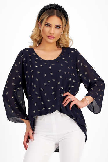 Office Blouses, Navy Georgette Women's Blouse with Loose Fit and Three-Quarter Sleeves - Lady Pandora - StarShinerS.com