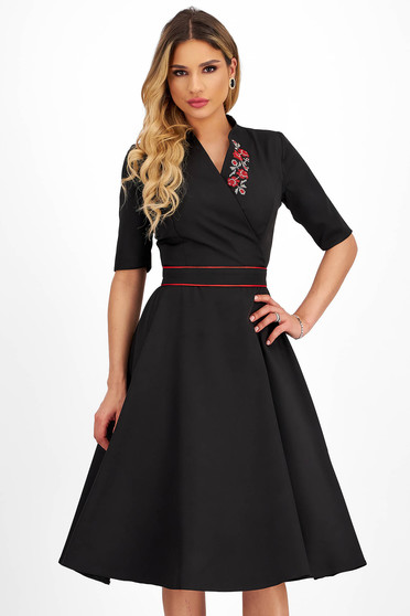 Embroidered Dresses, Black stretch fabric midi dress in A-line with wrap neckline and traditional embroidered details - StarShinerS - StarShinerS.com