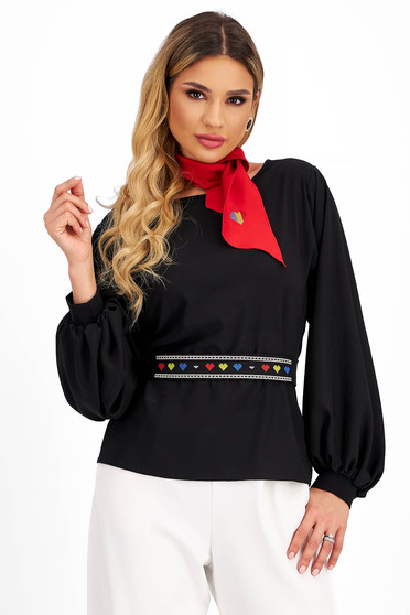 Reduceri bluze, Bluza dama din jersey neagra cu croi larg accesorizata cu cordon cu detalii tricolore brodate - StarShinerS - StarShinerS.ro