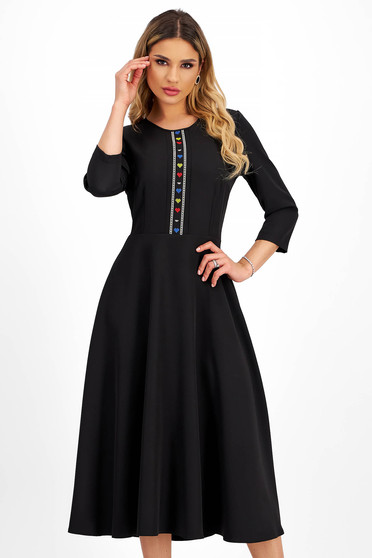 Online Dresses, Black stretch fabric midi skater dress with tricolor embroidered details - StarShinerS - StarShinerS.com