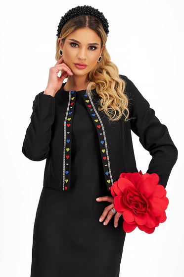 Office blazers, Black fitted blazer from stretch fabric with embroidered tricolor details - StarShinerS - StarShinerS.com