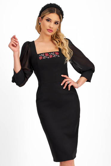 Embroidered Dresses, Black stretch fabric midi pencil dress with voile sleeves and traditional embroidered details - StarShinerS - StarShinerS.com