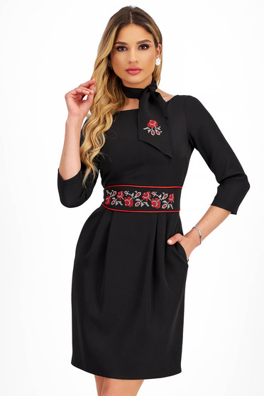 Elegant dresses, Black elastic fabric short pencil dress with side pockets and traditional embroidered details - StarShinerS - StarShinerS.com