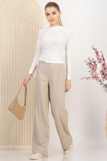 Pantaloni damă – Colecția 2025 casual, Pantaloni din georgette bej lungi evazati cu buzunare laterale - StarShinerS.ro