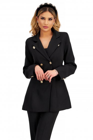 Elegant 2 pieces, Black elastic fabric suit with a tapered cut accessorized with a waist cord - StarShinerS.com
