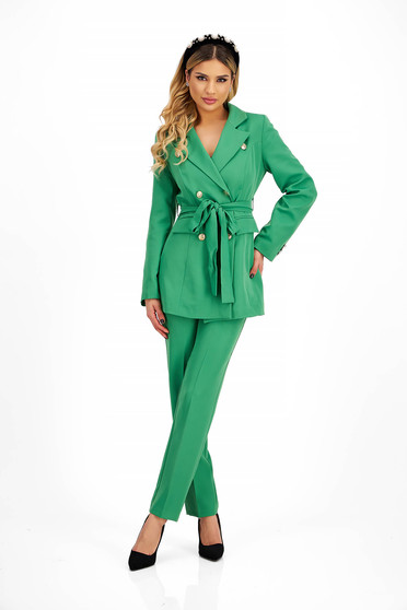 Compleuri Dama, Compleu din stofa elastica verde cu un croi conic accesorizat cu cordon in talie - StarShinerS.ro