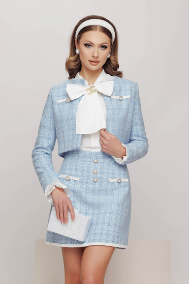 Light blue premium Chanel fabric short skirt with a straight cut and decorative buttons - Fofy