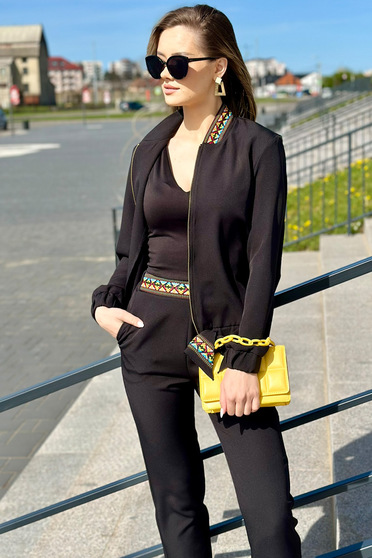 Jacheta din stofa usor elastica neagra cu guler decorativ - StarShinerS