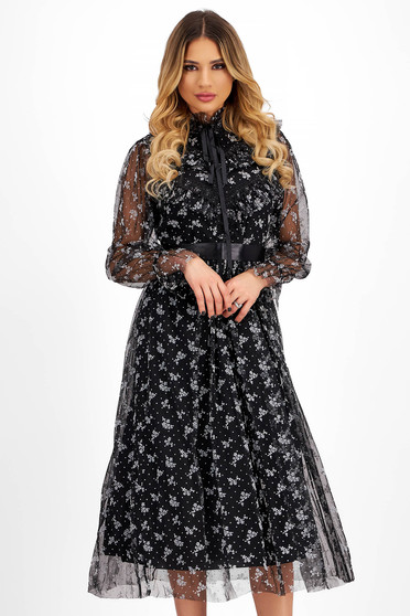 Black midi lace tulle dress in a flared cut with lace appliqués - SunShine