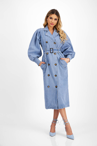 Rochie de blugi albastra midi cu un croi drept si maneci bufante cu accesoriu tip curea - SunShine