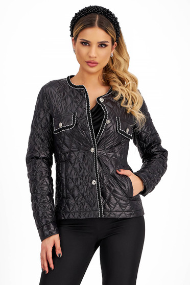 Jackets, Black fitted quilted jacket with decorative buttons and metallic thread - SunShine - StarShinerS.com