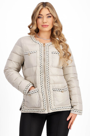 Jackets, Beige synthetic fabric jacket with a straight cut and front pockets adorned with decorative buttons - SunShine - StarShinerS.com