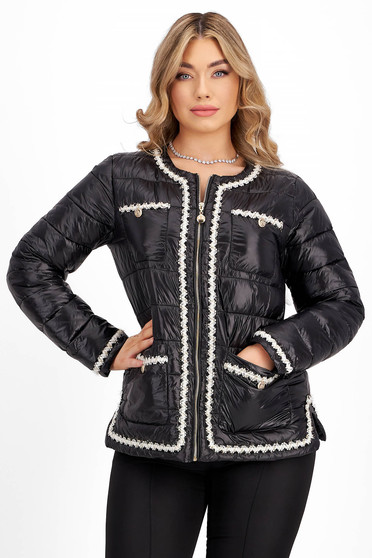 Jackets, Black quilted jacket with a straight cut and front pockets adorned with decorative buttons - SunShine - StarShinerS.com