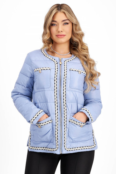 Jackets, Light blue synthetic jacket with a straight cut and front pockets adorned with decorative buttons - SunShine - StarShinerS.com